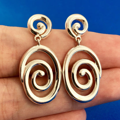 Designer 925 Sterling Silver Modernist Swirl Dangle Statement Earrings