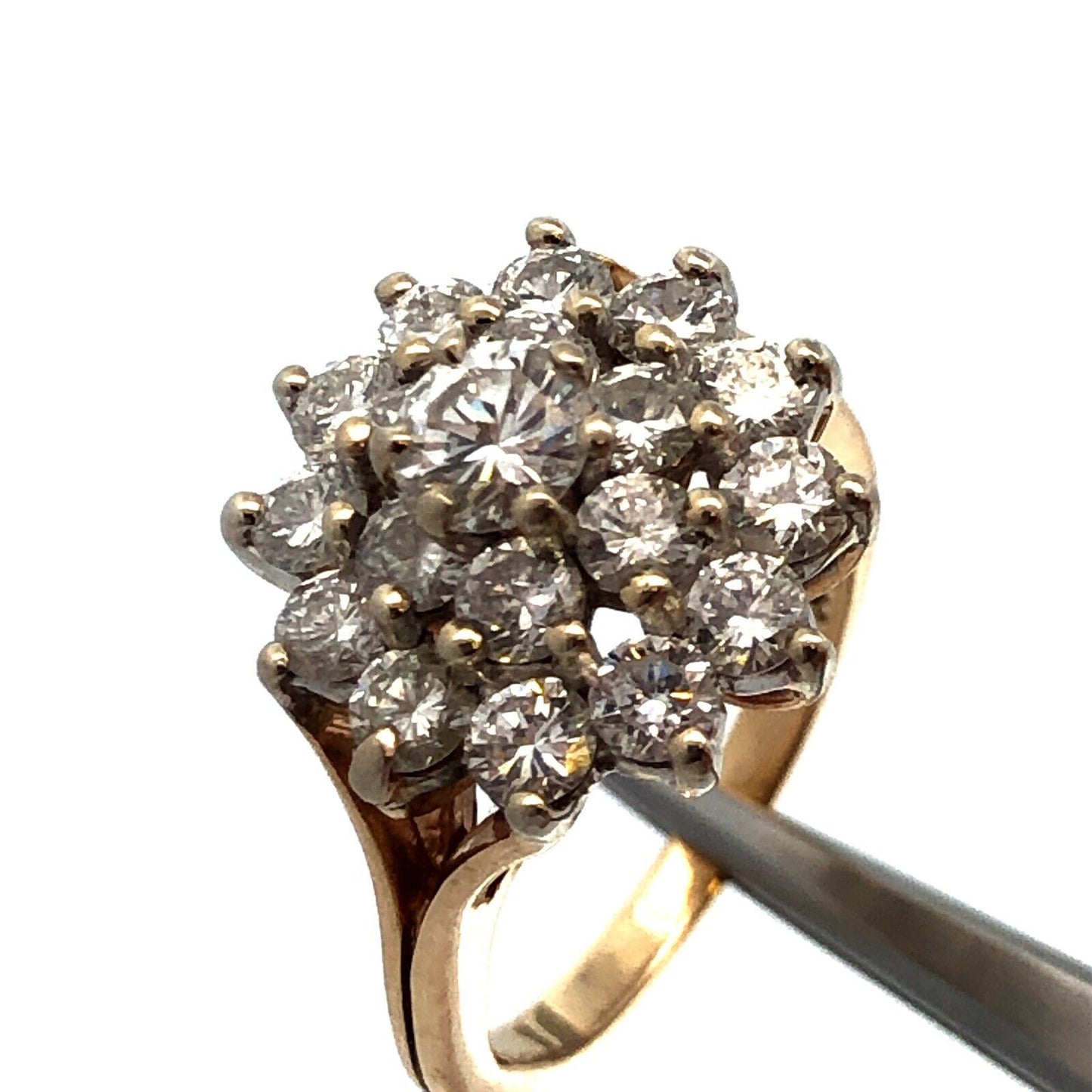 Designer 14K Yellow Gold Round Diamond Cluster Cocktail Statement Ring