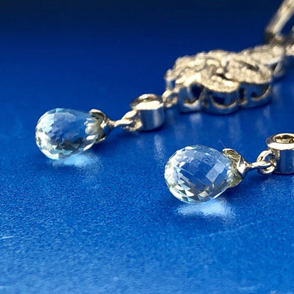 Designer EA Sterling Silver 925 Diamond Blue Topaz Fleur De Lis Drop Earrings