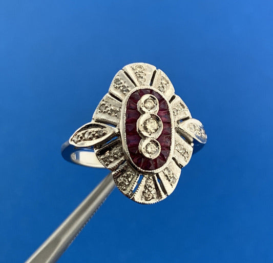 14K White Gold Art Deco WMJ Ruby Diamond Accented Engagement Cocktail Ring