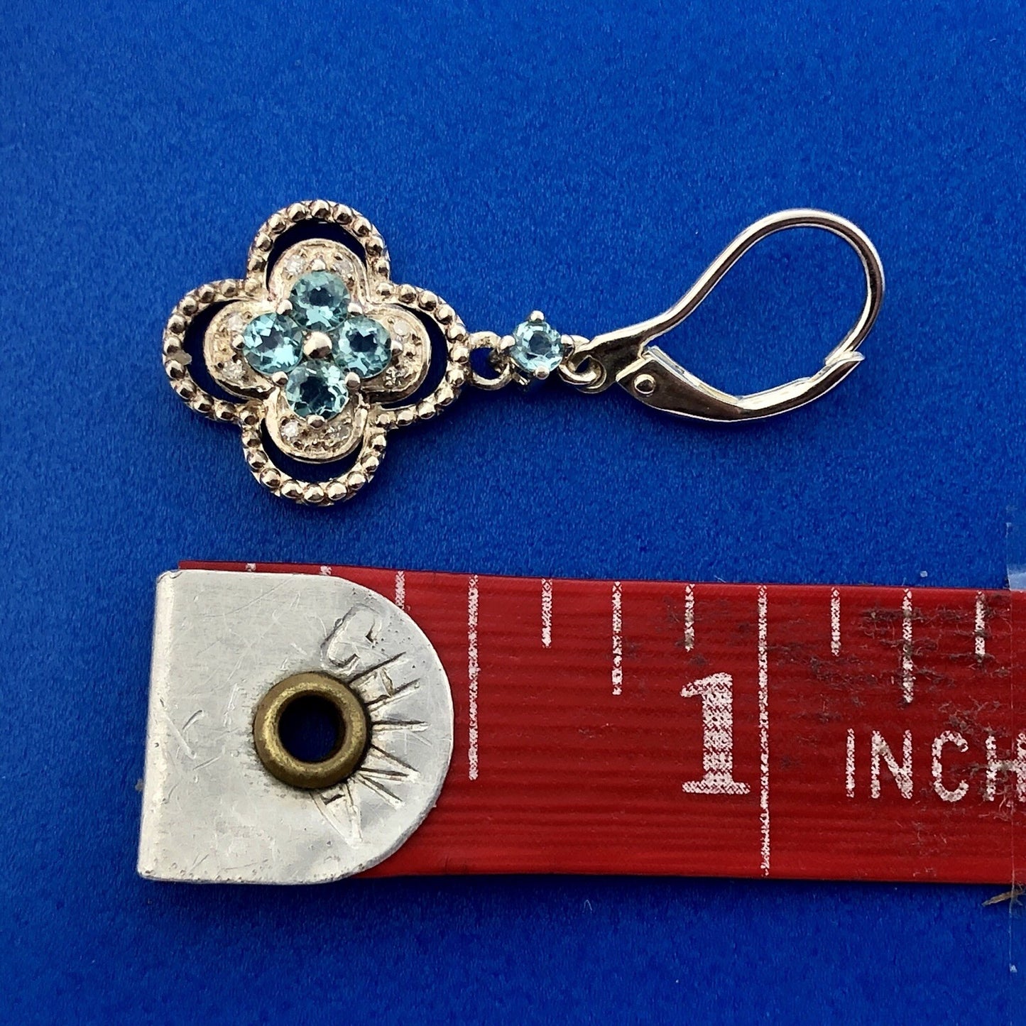 Designer Sterling Silver 925 Blue Topaz Diamond Flower Drop Dangle Earrings