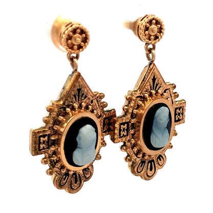 Victorian 14K And Gold Filled Black & White Cameo Enamel Dangle Stud Earrings