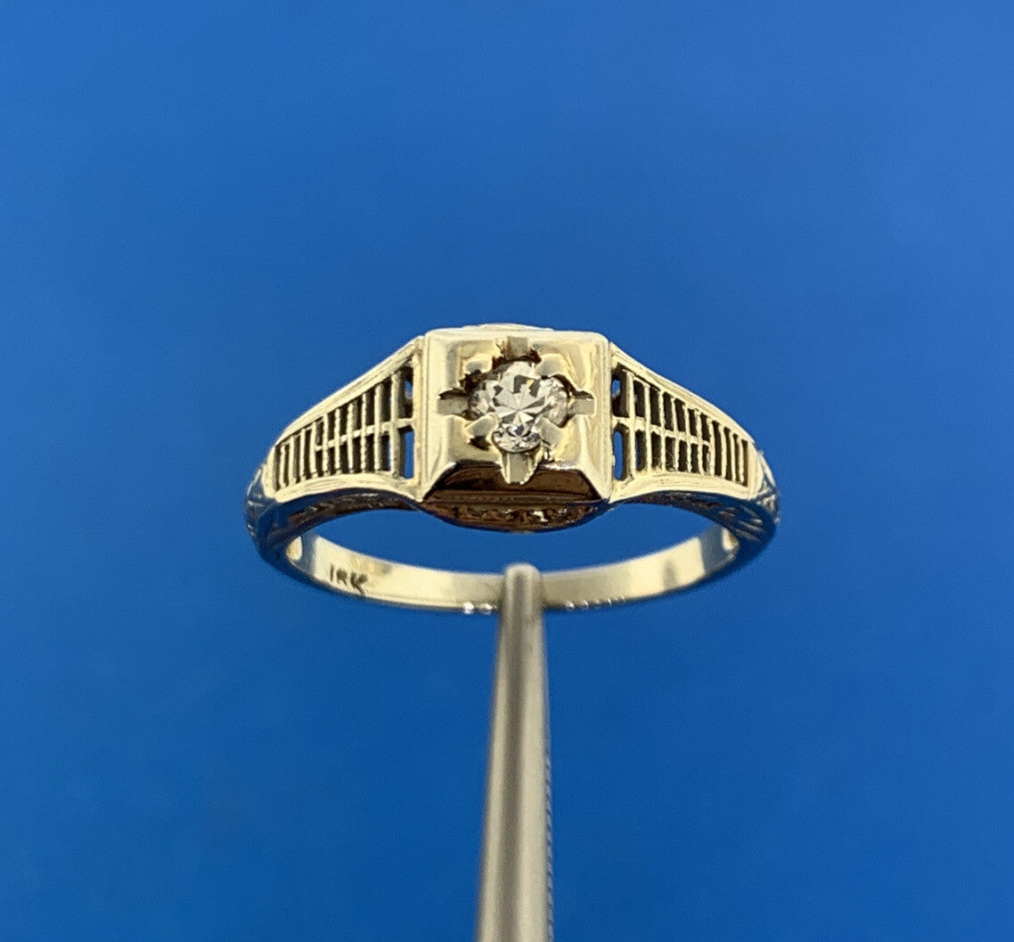 Estate 18K White Yellow Gold Diamond Solitaire Art Deco Engagement Size 6 Ring