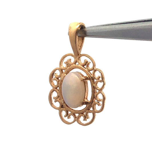 Vintage 10K Yellow Gold Oval Opal Filigree Open Scroll Petite Pendant