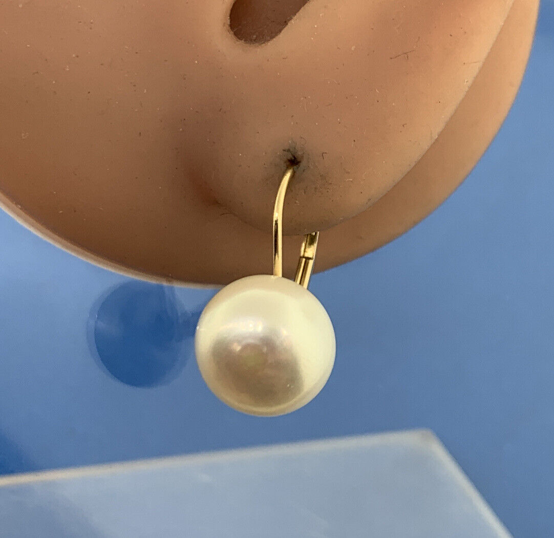 Designer 14K Yellow Gold White Pearl Statement Lever Back Earrings