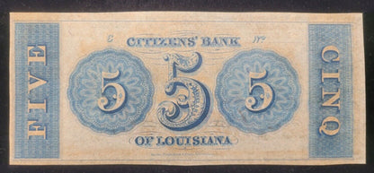 1800s $5 Citizens' Bank of Louisiana, New Orleans Obsolete Currency Bank Note