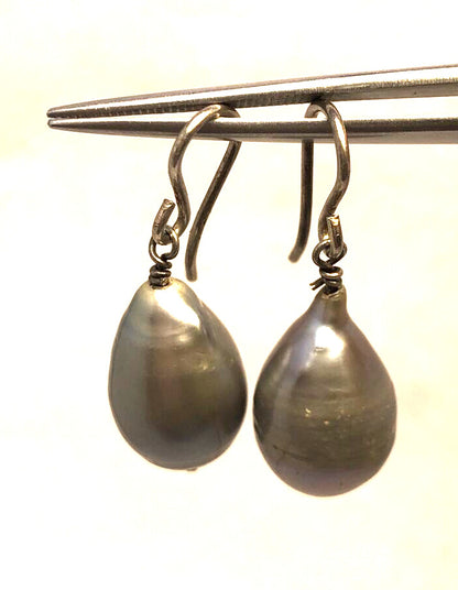 Designer 925 Sterling Silver Grey Teardrop Baroque Pearl Hook Dangle Earrings