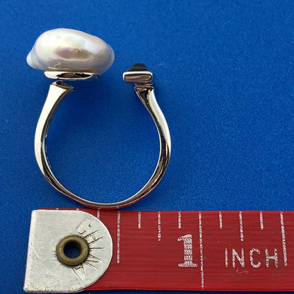 Retro Modernist 925 Sterling Silver Freshwater Pearl Hematite Adjustable Ring