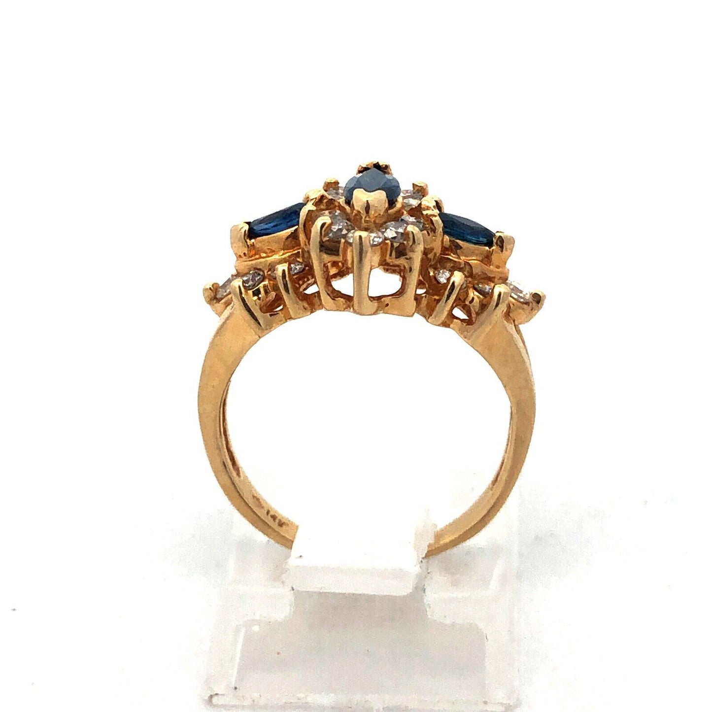 14K Yellow Gold Sapphire Diamond Halo Cluster Anniversary Bridal Cocktail Ring