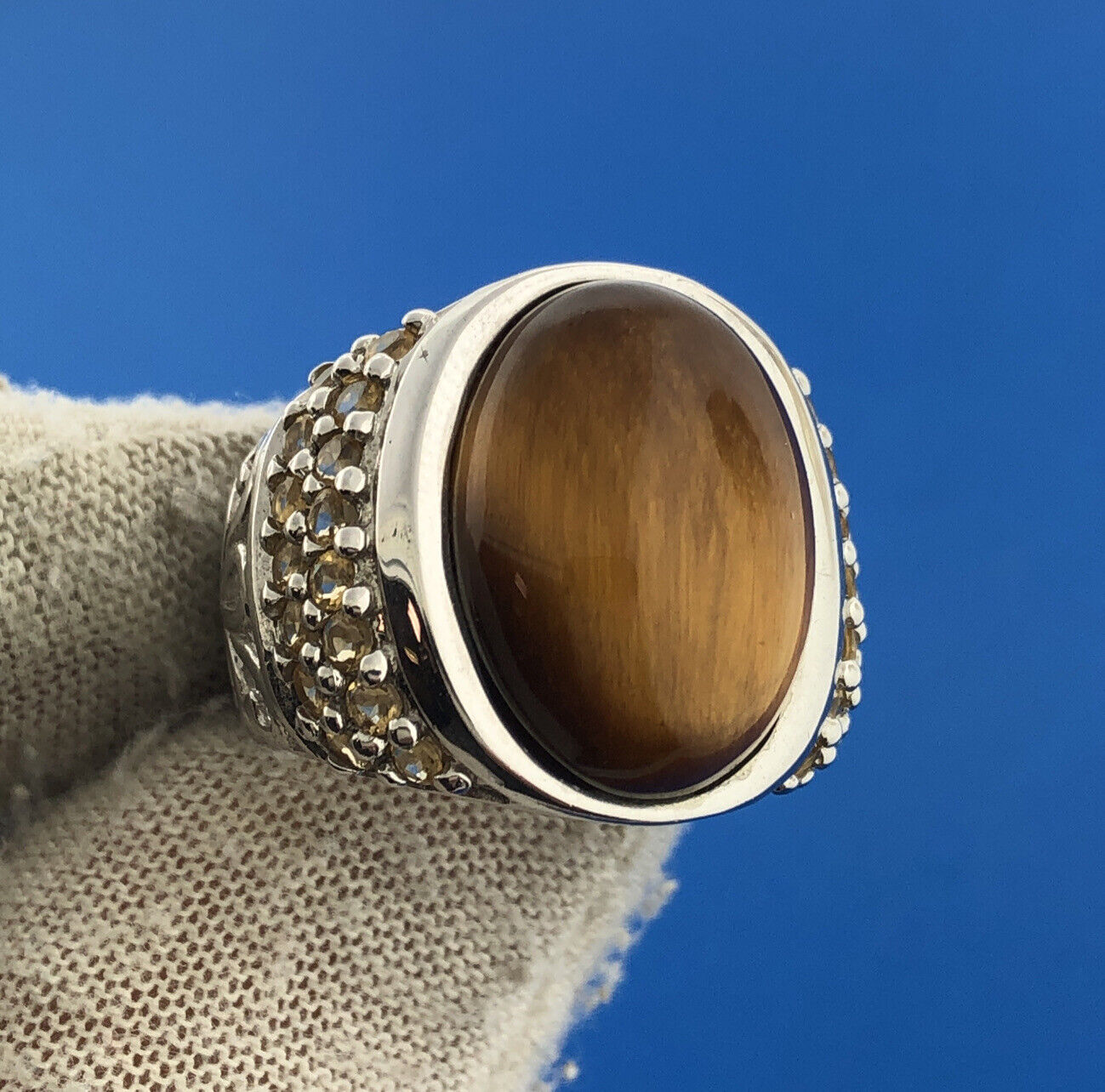 Designer GRP Sterling Silver 925 Tigers Eye Topaz Statement Cocktail Ring