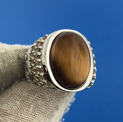 Designer GRP Sterling Silver 925 Tigers Eye Topaz Statement Cocktail Ring