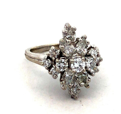 Designer 14K White Gold Round Pear Diamond Oval Cluster Engagement Ring