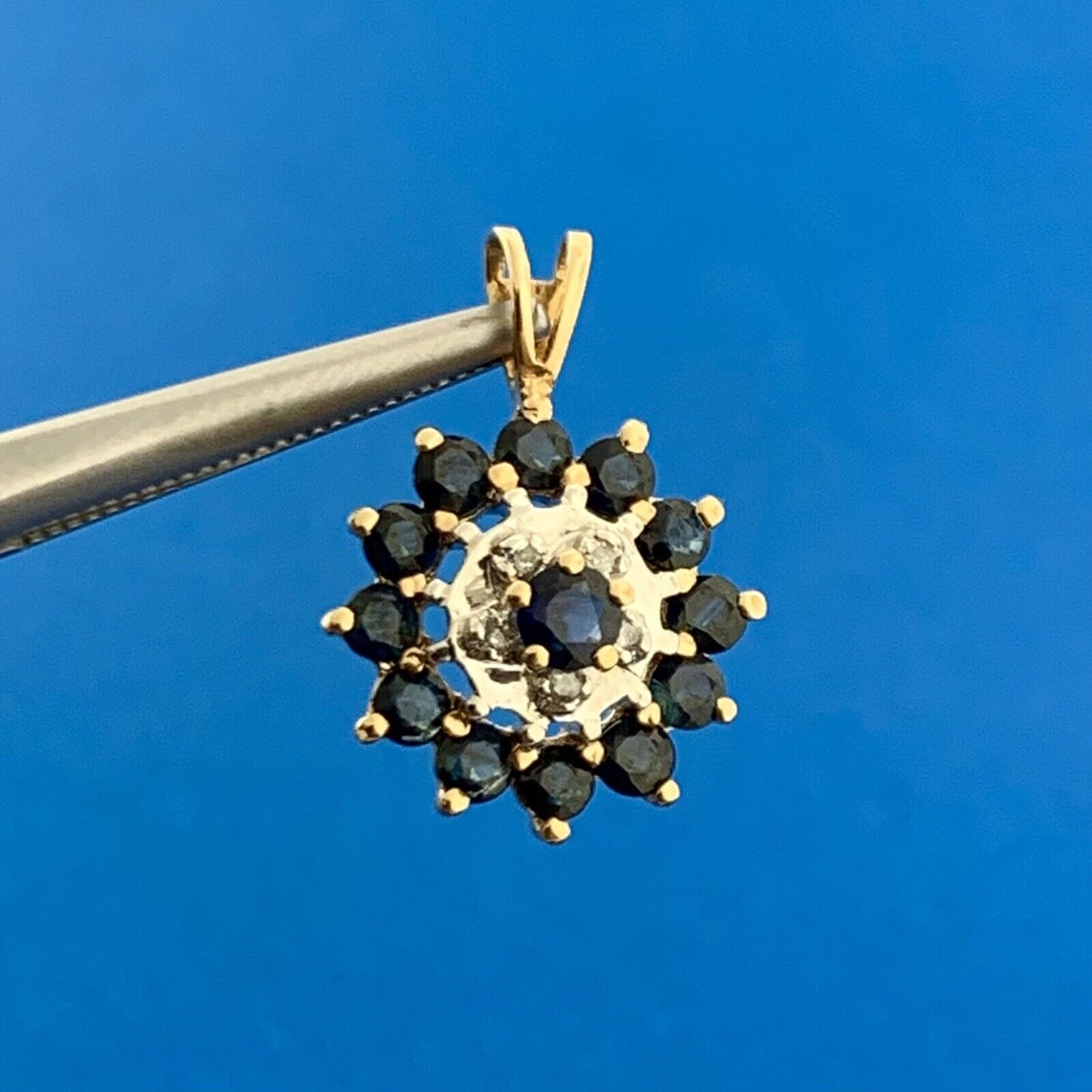 Vintage 14K Yellow White Gold Blue Sapphire Diamond Accent Anniversary Pendant