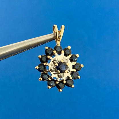 Vintage 14K Yellow White Gold Blue Sapphire Diamond Accent Anniversary Pendant