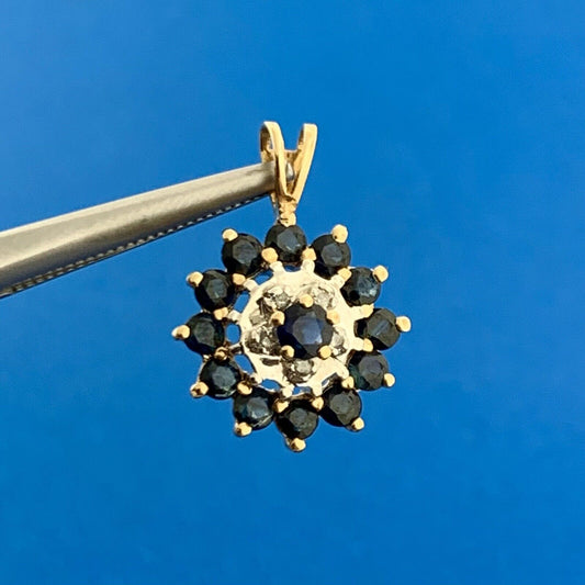 Vintage 14K Yellow White Gold Blue Sapphire Diamond Accent Anniversary Pendant