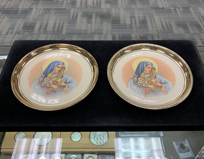 Vntg Hyalyn Painted Porcelain Gold Rim Mary Mother Heart Decorative 2 Plate Set