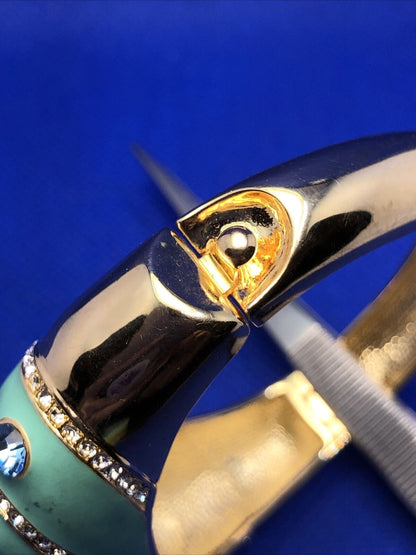 Designer Gold-Tone Teal Enamel Rhinestone Statement Hinged Cuff Bracelet