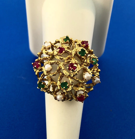 Vintage 18K Yellow Gold Ruby Emerald Pearl Christmas Tiered Dome Cocktail Ring
