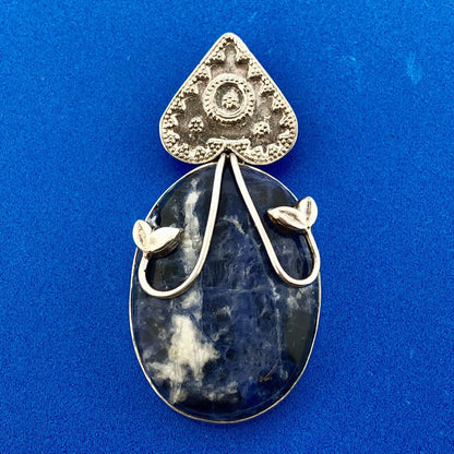 Vintage 925 Sterling Silver Lapis Lazuli Floral Beadwork Statement Pendant