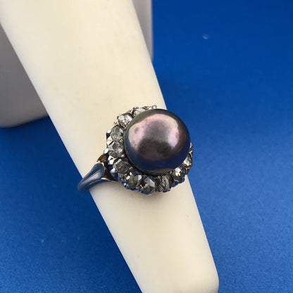 Retro 14k Yellow Gold Bronze Pearl Faceted Champagne Diamond Halo Cocktail Ring
