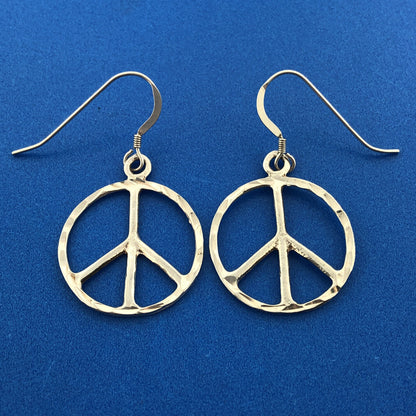 Retro 925 Sterling Silver Hammered Textured Peace Sign Symbol Dangle Earrings