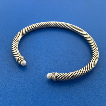 David Yurman S/Silver Pearl Pave Diamond Cable Classics Princess 5mm Bracelet