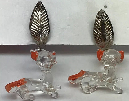 Retro Funky Silver Tone Lucite Bubble Sitting Cat Figurine Drop Dangle Earrings