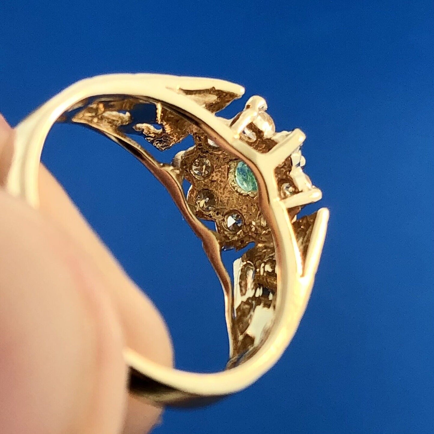 Modernist 14K Yellow Gold Emerald Diamond Halo Floral May Anniversary Ring