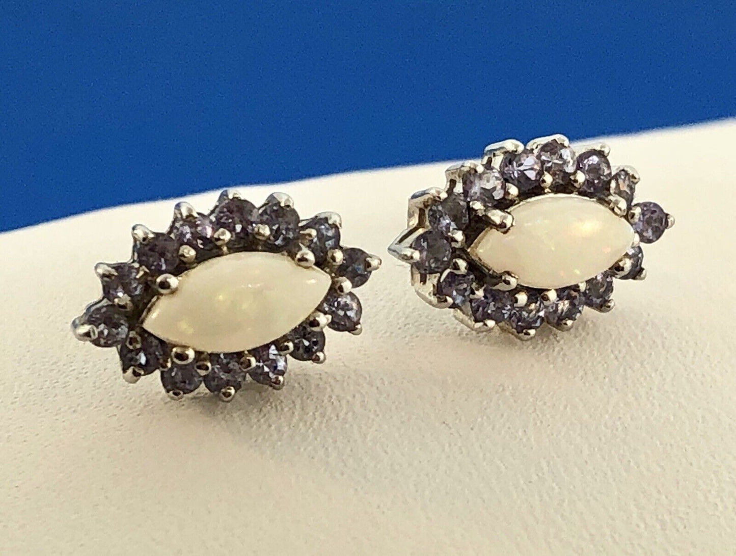 Designer 14K White Gold Marquise Opal Tanzanite Halo October Stud Earrings