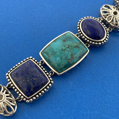 ATI Sterling Silver 925 Lapis Lazuli Turquoise Cabochon Panel Toggle Bracelet