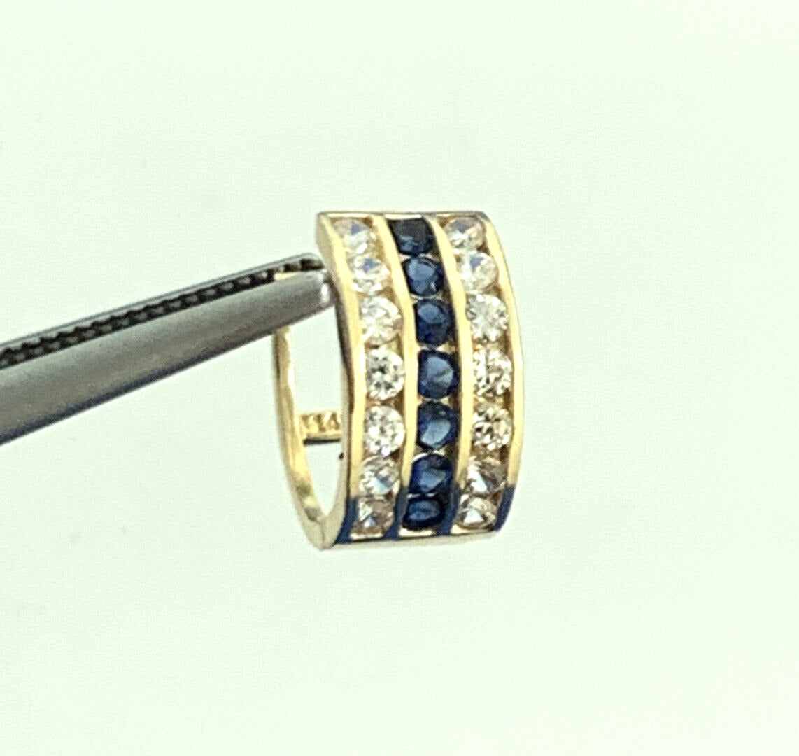 Designer JTS 14K Yellow Gold White Topaz Blue Sapphire Huggie Hoop Earrings