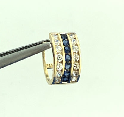 Designer JTS 14K Yellow Gold White Topaz Blue Sapphire Huggie Hoop Earrings