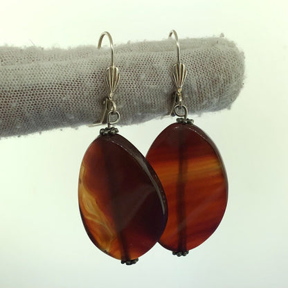 Retro Silver Toned Banded Agate Modernist Wave Statement Dangle Earrings