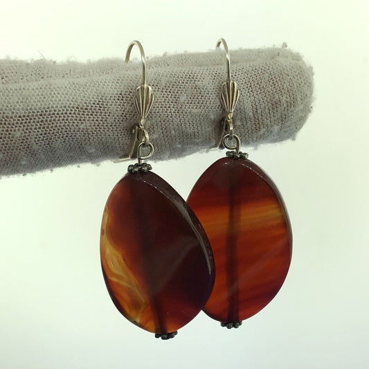Retro Silver Toned Banded Agate Modernist Wave Statement Dangle Earrings