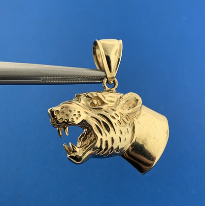 Custom Artisan 10K Yellow Gold Detailed Snarling Tiger Big Cat Statement Pendant