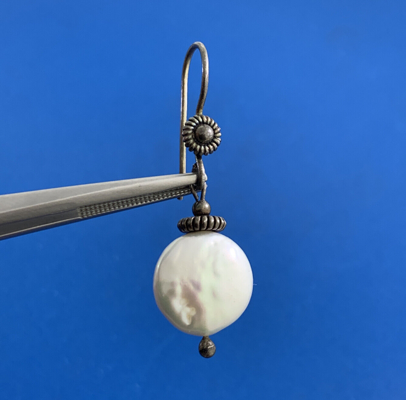 Vintage 925 Sterling Silver Pearl Hook Dangle Drop Earrings