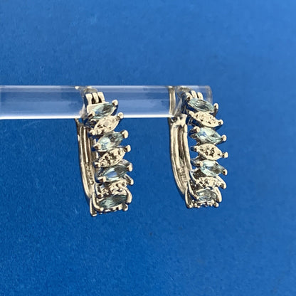 Designer Sterling Silver Marquise Aquamarine Diamond Accented Half Hoop Earrings