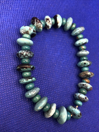 Estate Flat Round Beaded Natural Turquoise Elastic Cord Bracelet