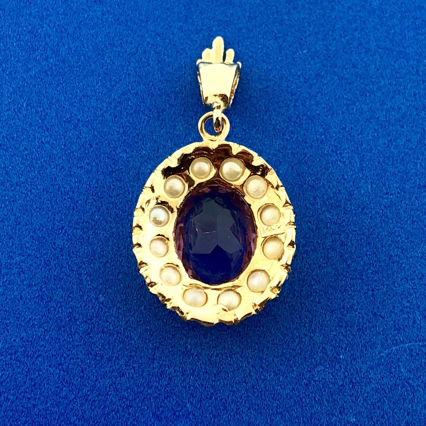 Victorian 14K Yellow Gold Amethyst Seed Pearl Halo February Anniversary Pendant