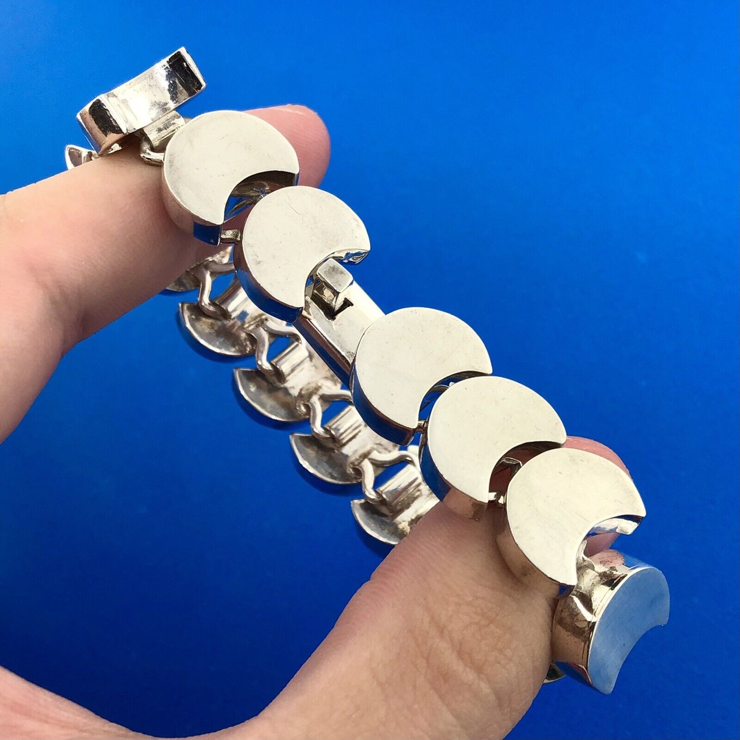 Retro Mexico 925 Sterling Silver Modernist Moon Link Statement Panel Bracelet