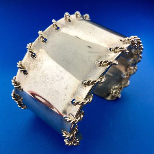 Modernist Silver Tone Twisted Wire Wrapped Polished Statement Cuff Bracelet