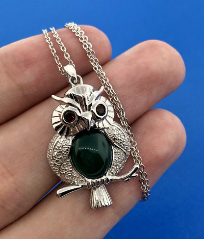 Designer Sterling Silver Green Onyx Garnet Textured Plump Owl Fashion Necklace