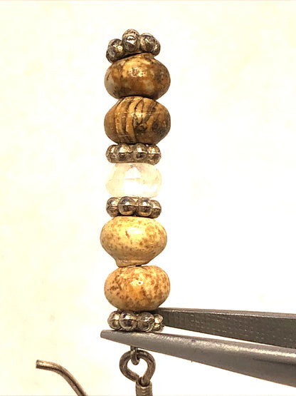 Sterling Silver 925 Moonstone Brown Jasper Beaded Natural Earthy Hook Earrings