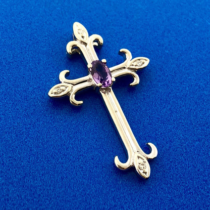 Designer 10K White Gold Amethyst Diamond Fleur De Lis Cross Religious Pendant