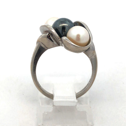 Designer 10K White Gold Hematite Bead White Pearl Trio Free Form Modernist Ring