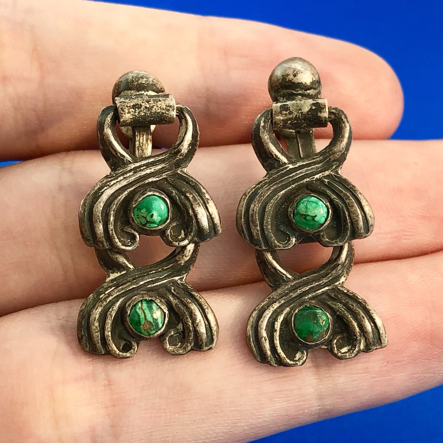 Mid Century Taxco Silver 925 Malachite Double Drop Screw Back Earrings-Patina!