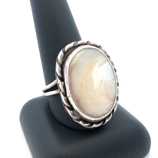 Vintage 925 Sterling Silver Oval White Lace Agate Cabochon Large Size 12.5 Ring