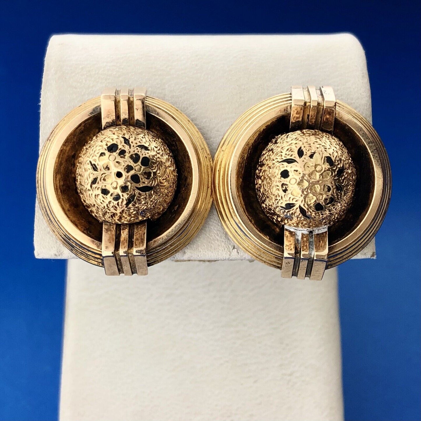 Art Deco Art Nouveau 14K Yellow Gold Black Enamel Modernist Linear Ball Earrings