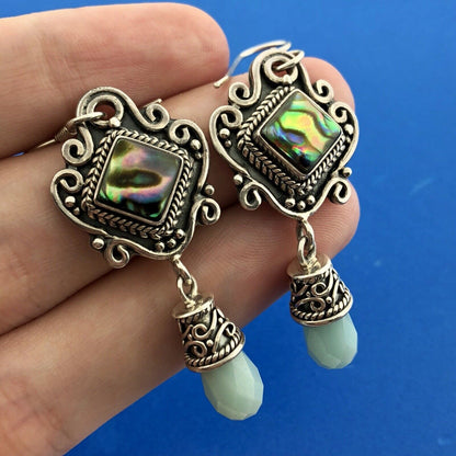 BA Suarti Sterling Silver 925 Abalone Aventurine Statement Drop Dangle Earrings