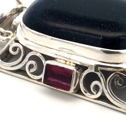 Estate 925 Sterling Silver Rectangle Blue Sandstone Amethyst Statement Pendant